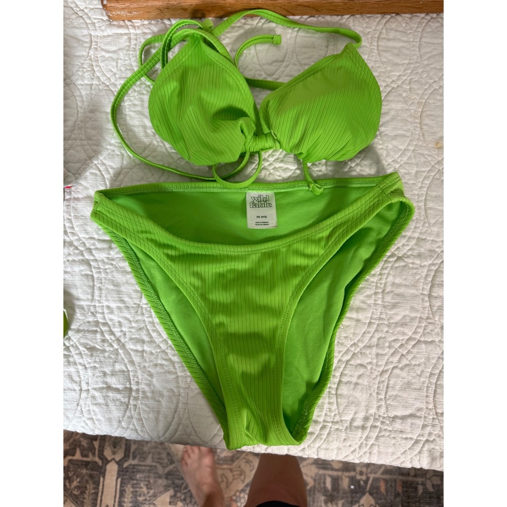 Wild Fable Lime Green Ribbed Triangle Bikini Set XS Neon Two Piece Swimsuit
